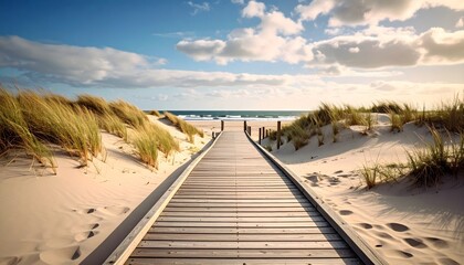 Wooden boardwalk winding through sandy dunes to a serene beach and ocean under a blue sky