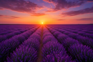 Lavender field at sunset stretching to horizon