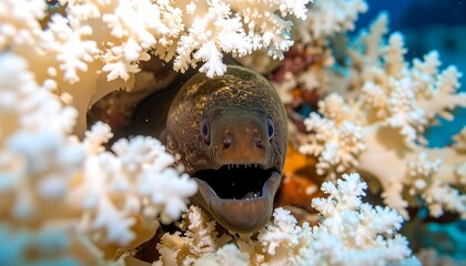 Moray eel hidden in coral