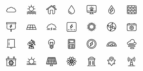 Collection of outlined icons representing energy sources and related concepts in simple black lines