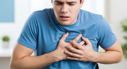 A young man clutching his chest in pain, experiencing a sudden medical emergency.