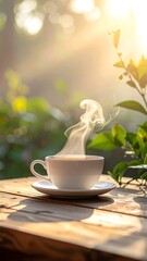 Morning coffee, steaming cup