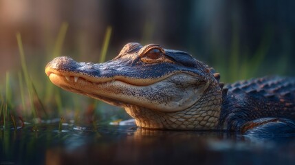 Fototapeta premium Alligator head emerging from water at sunrise