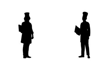 Two chefs in silhouette holding menus facing each other on a white background in a studio shot