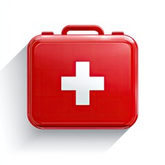 Obraz premium Red rectangular first-aid kit with a white cross, glossy finish, cast shadow