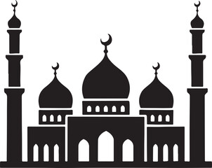 Islamic Mosque Silhouette Vector – Black Flat Style Mosque Icon with Crescent Moon and Minaret