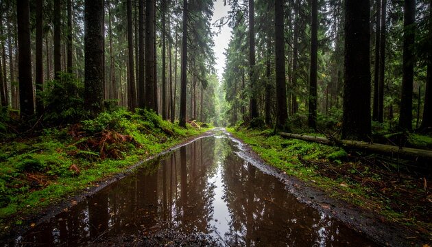 Forest path with reflective puddle mirroring tall trees and sky, surrounded by lush green moss and dense woodland - Powered by Adobe