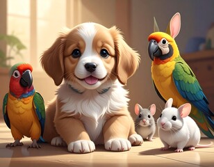 Cute pets in a sunny room