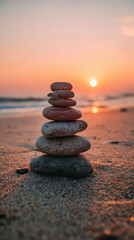 Fototapeta premium Serene Balance at Sunset: A captivating tower of stones stands harmoniously on a sandy beach, silhouetted against a stunning orange sunset that evokes a sense of peace, meditation.