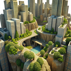 Fototapeta premium Cityscape Oasis: An imaginative aerial view showcases a vibrant urban environment intertwined with natural elements.