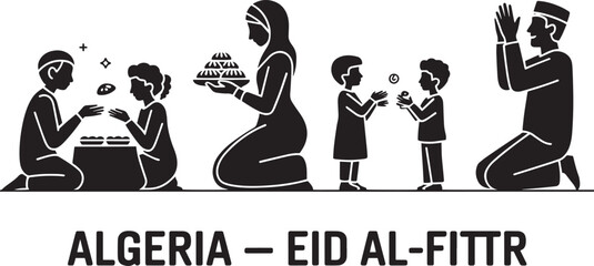 Algeria Eid al-Fitr Silhouette Illustration with Family, Gifts, and Prayer on Transparent Background