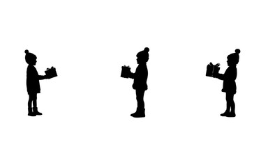 Three silhouettes of children holding gifts on a white background in a minimalist composition