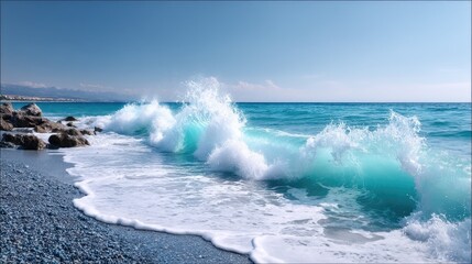 Dramatic Ocean Wave Crashing with White Foam on Black Pebble Beach Under Clear Blue Sky on Sunny Day with Distant Coastal City View