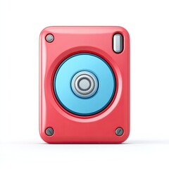 Red square device with a central light-blue circular element, featuring metallic screws and a small, light-grey, rectangular button on top
