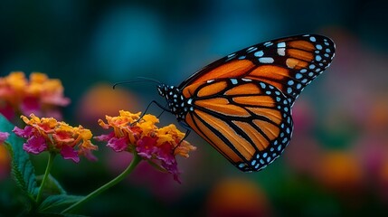 Fototapeta premium Monarch butterfly feeding on colorful lantana flowers