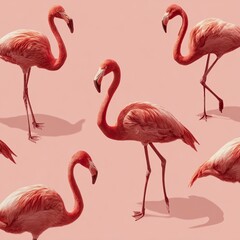 Obraz premium A flamingo group is set against a solid lightred background