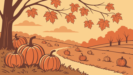 Naklejka premium Vibrant Autumn Pumpkin Field Landscape Illustration with Fall Leaves and Scenic Winding Path