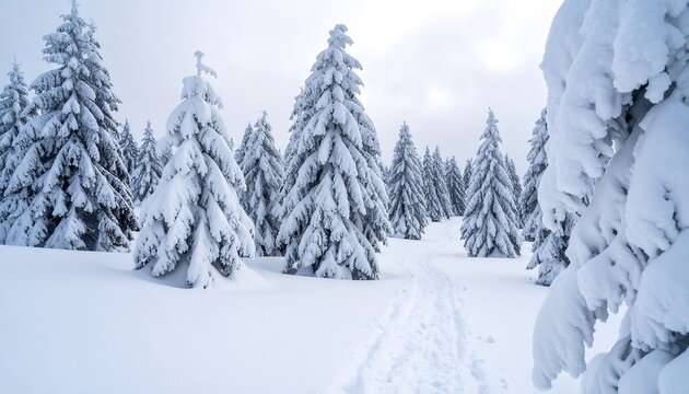 Snowy pine forest path