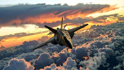 Fighter jet soars through dramatic sunset clouds