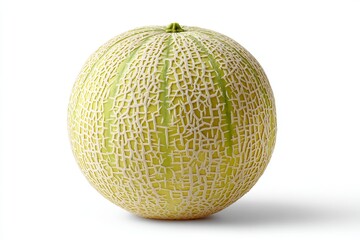 A green and creamcolored cantaloupe sits casting a slight shadow on a plain white backdrop