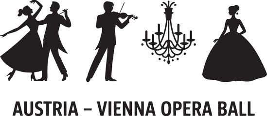 Austria Vienna Opera Ball Silhouette Vector Illustration Featuring Dancers, Violinist, and Chandelier