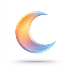 A stylized crescent moon, rendered in a gradient of warm and cool colors, appears three-dimensional with subtle shading and a soft shadow