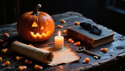 Halloween Still Life with Pumpkin, Candle, and Vintage Items