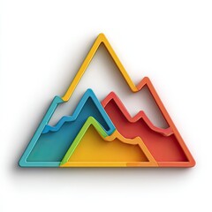 Stylized, multicolored mountain range within a triangular frame, rendered in 3D with a smooth, layered effect against a white backdrop