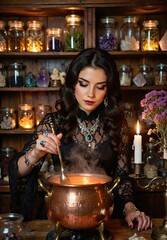 Mystical Witch Brewing Potion in a Copper Cauldron