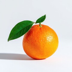 A single, ripe orange with vibrant skin and two lush green leaves sits on a plain white background, cast in soft light
