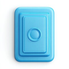 A light blue, rectangular, layered button with a recessed circular center, isolated on a white background; glossy, 3D rendered