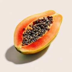A halved papaya, showcasing vibrant orange flesh and numerous dark seeds, rests on a minimalist off-white background, cast with a subtle shadow