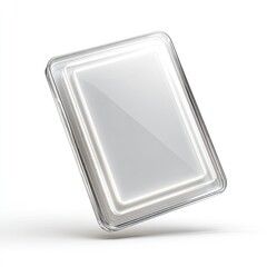 A translucent, rectangular slab with a softly glowing inner frame, angled slightly, floats against a white background