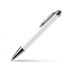 Sleek white pen with silver accents, subtly angled, casts a small shadow on a pure white background