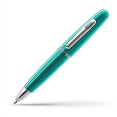 Teal ballpoint pen with metallic accents, sleek design, angled, cast shadow on white