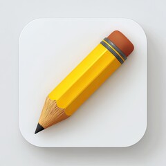 A diagonally-placed yellow pencil with a brown eraser sits on a square, white button; rendered in a realistic style against a light grey background