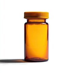 Amber glass bottle with a yellow screw-top cap, cast shadow against a stark white backdrop