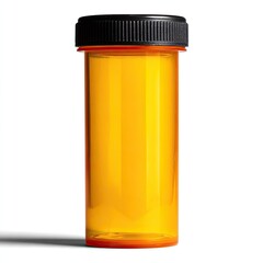Amber plastic pill bottle with black screw-top lid, slightly translucent, casts a subtle shadow on a white background