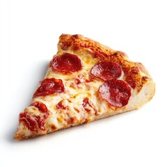 A single, cheesy pepperoni pizza slice, golden-brown crust, isolated on a white background