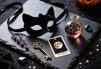 Mystical Halloween Still Life with Tarot Card, Mask, and Potion