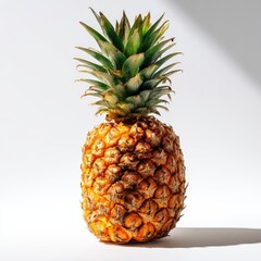 A ripe pineapple, golden-yellow skin, green crown, sits on a white background, lit by a dramatic shaft of light