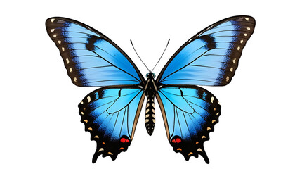 Obraz premium Transparent PNG of a blue morpho butterfly with open wings, intricate wing pattern and exceptional detail, isolated for nature collages, greeting cards, decorative design assets, and educational layou
