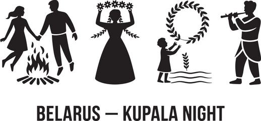 Belarus Kupala Night Summer Solstice Festival Silhouette Vector Illustration with Rituals