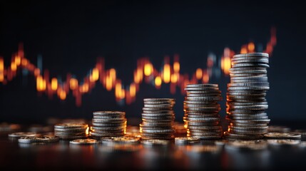 Stacks of Coins Rising with Blurred Financial Chart Background, Investment Concept.