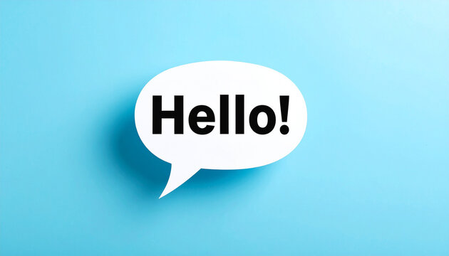 White speech bubble with HELLO text in bold black font, plain pastel blue background. - Powered by Adobe