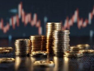 Stacks of Gold Coins with Blurred Stock Chart Background, Financial Investment Concept.