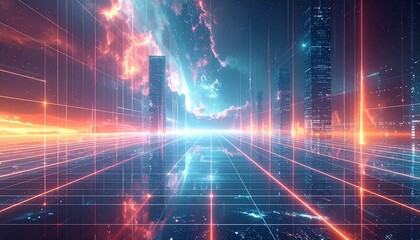 A futuristic background of a transparent grid with abstract data patterns.