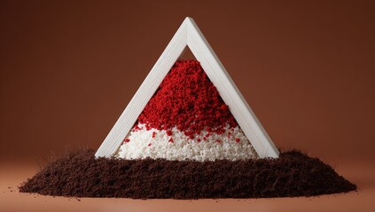 A wooden triangle frame holds a layered pyramid of red and white granular material, resting on a bed of brown soil