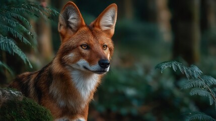 Fototapeta premium Red fox looking attentive in dense forest