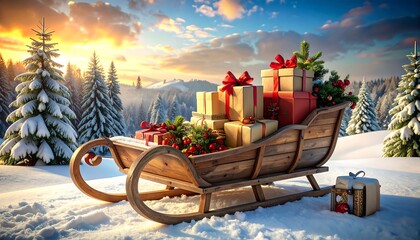 Christmas sleigh filled with presents in snowy mountains at sunset